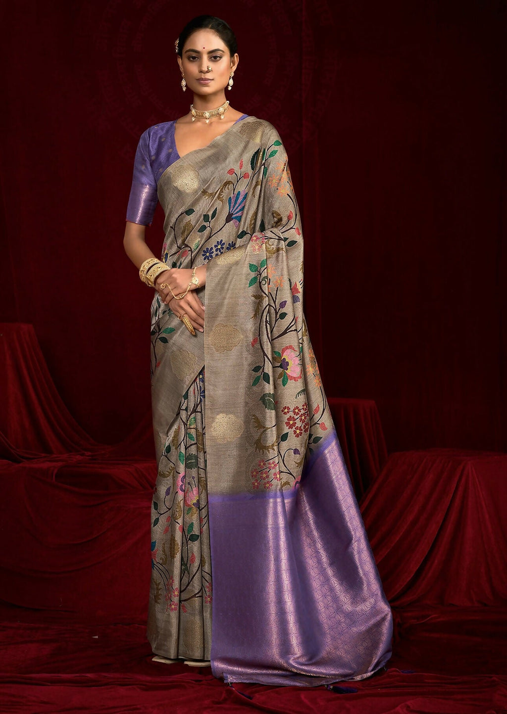Joban Fashion Powder Blue Soft Silk Weaving Fabric With Digital Jamdani Print With Jacquard Rich Pallu & Blouse With Spring Tassels - Distacart