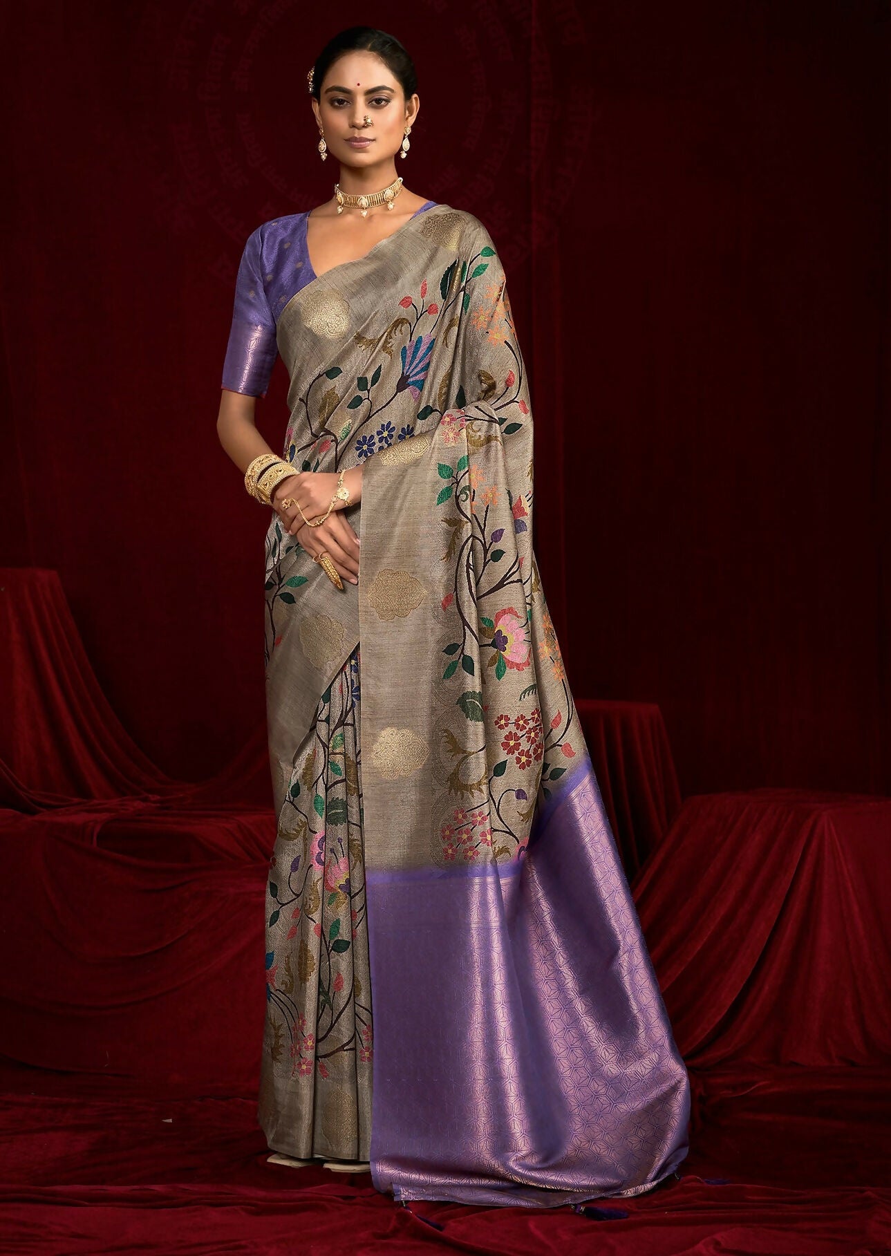 Joban Fashion Powder Blue Soft Silk Weaving Fabric With Digital Jamdani Print With Jacquard Rich Pallu & Blouse With Spring Tassels - Distacart