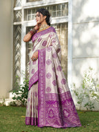 Shree Shyam Fashion Cream With Purple Silk Blend Saree - Distacart