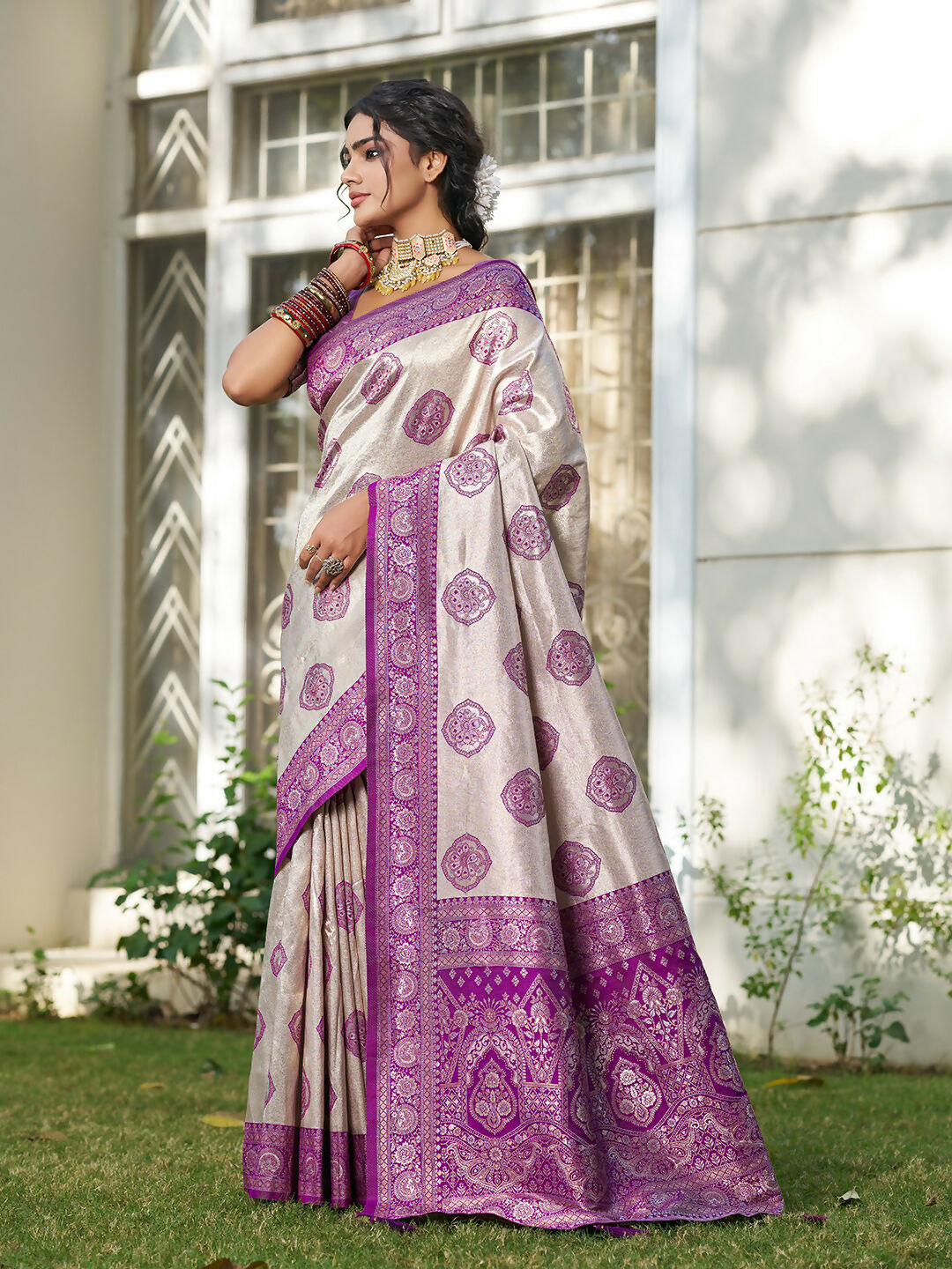 Shree Shyam Fashion Cream With Purple Silk Blend Saree - Distacart