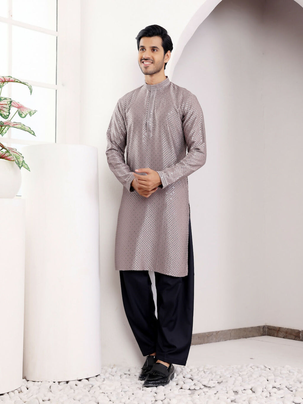 Grey Viscose Designer Chikankari Embroidery Work Men's Kurta - Mahotsav