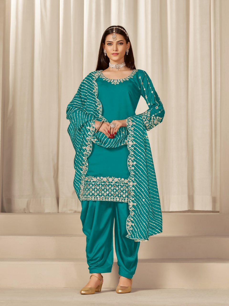 Anaita Turquoise Roman Silk Stitched Suit with Embroidery & Real Mirror Work - Distacart