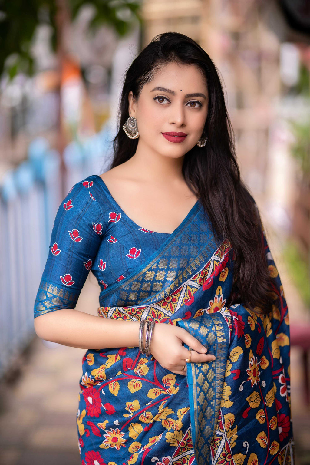 Blue Slub Silk Printed Saree with Unstitched Blouse - Hiral Fashion