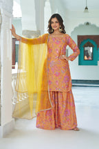Joban Fashion Yellow Chinnon Embroidery Sequence Work Readymade Kurta Set - Distacart