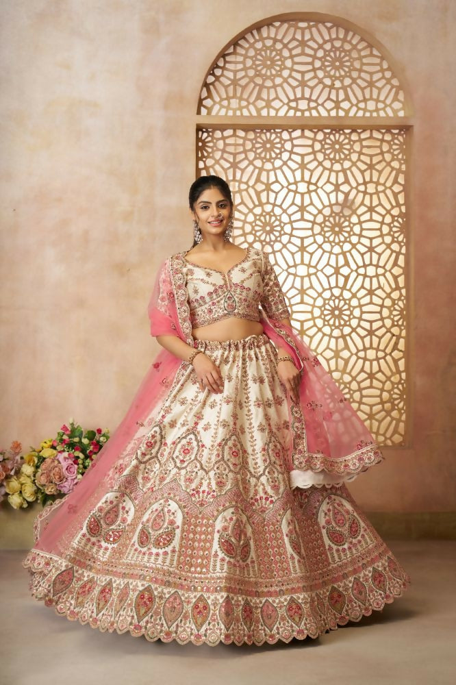 Kesar Fab White Silk Embroidered Lehenga