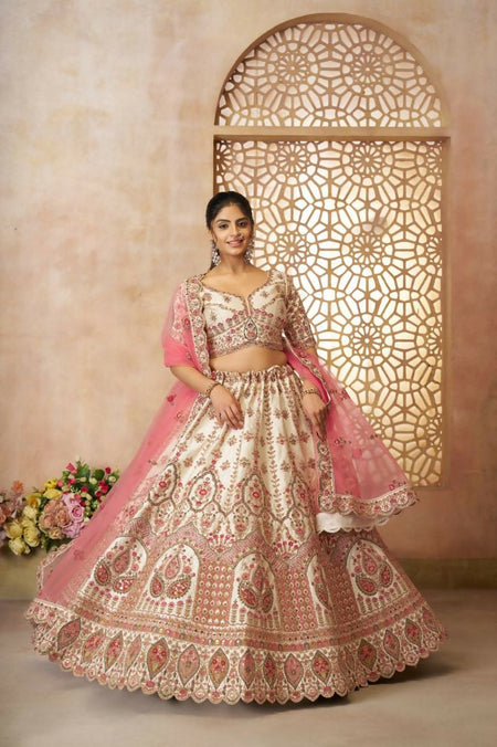 Kesar Fab White Silk Embroidered Lehenga