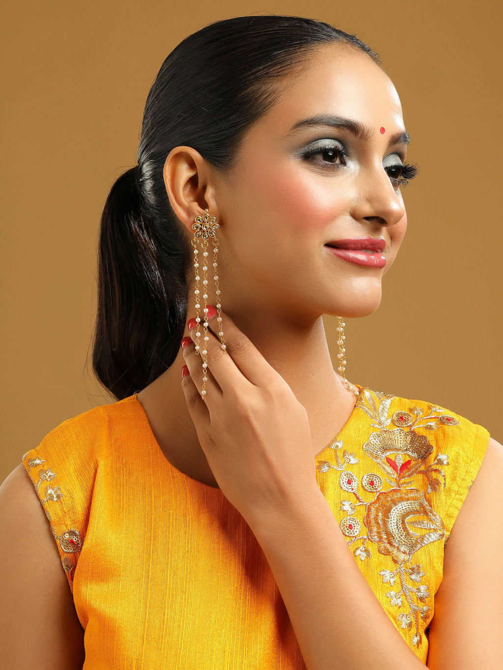 Ruby Raang Gold Long Kundan & Pearl Dangler Earrings - Distacart
