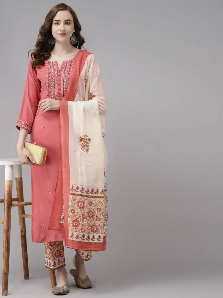Yufta Women Pink Ethnic Motifs Embroidered Kurta with Palazzo & Dupatta