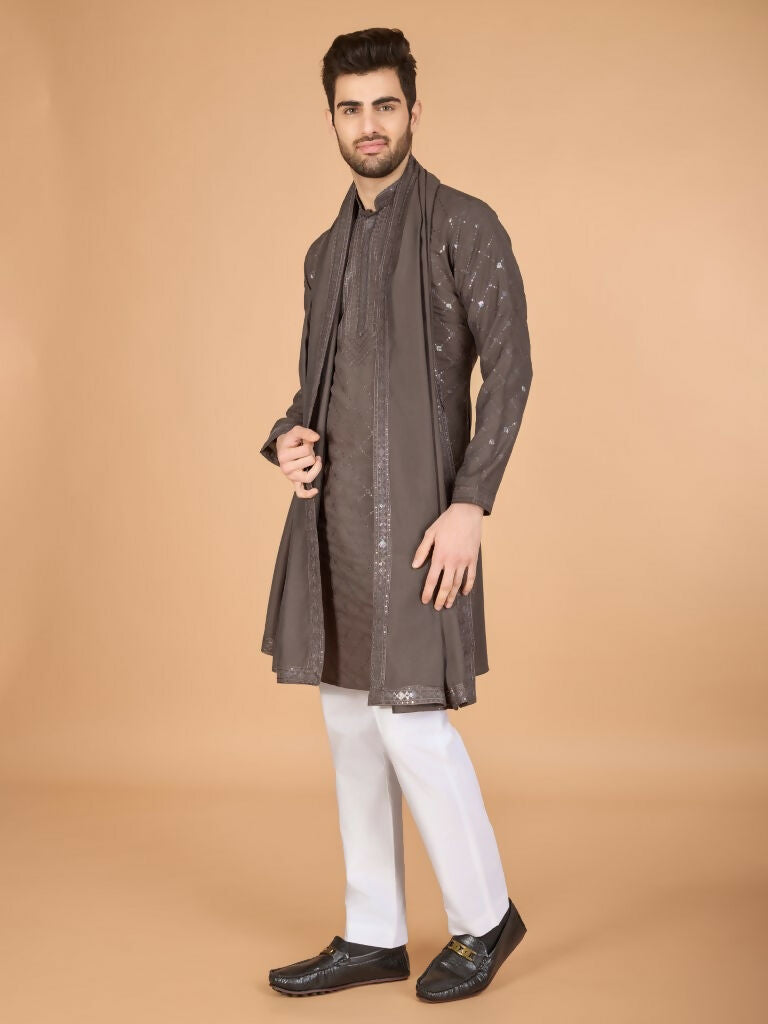 Vastranavya Brown Exclusive Festival Wear Viscose Silk Thread & Sequence Embroidered Work Kurta with Dupatta