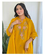 The52 Women's Beautiful Rayon Slub Fabric Embroidery Work Straight Kurta Pant and Dupatta Set - Distacart