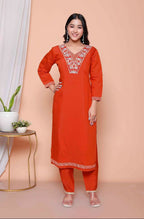 Miravan Womens Orange Embroidered Straight Kurta With Palazzo And Dupatta Set - Distacart
