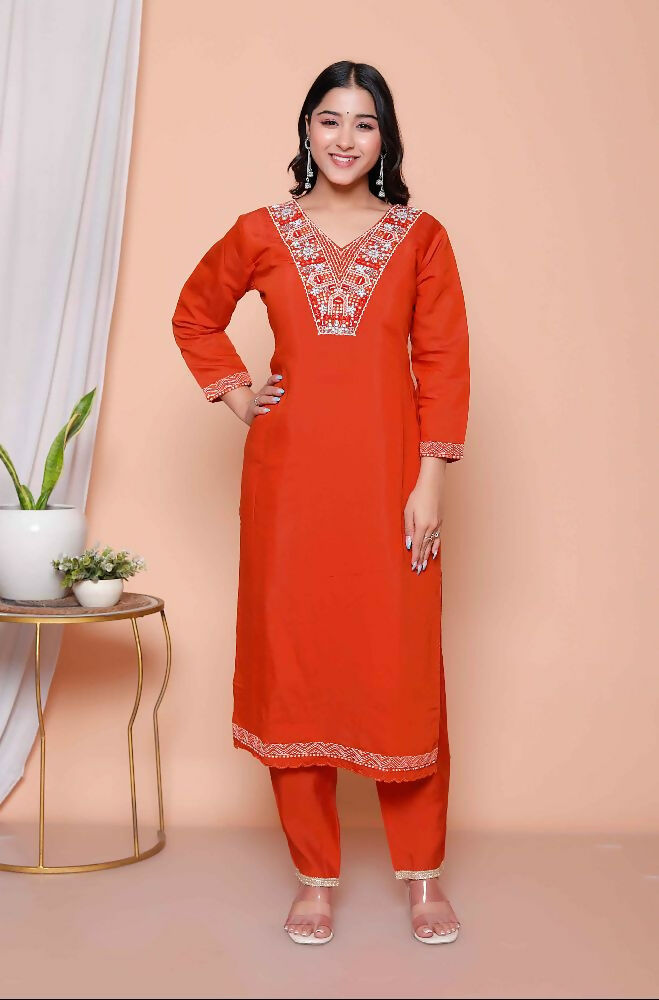 Miravan Womens Orange Embroidered Straight Kurta With Palazzo And Dupatta Set - Distacart