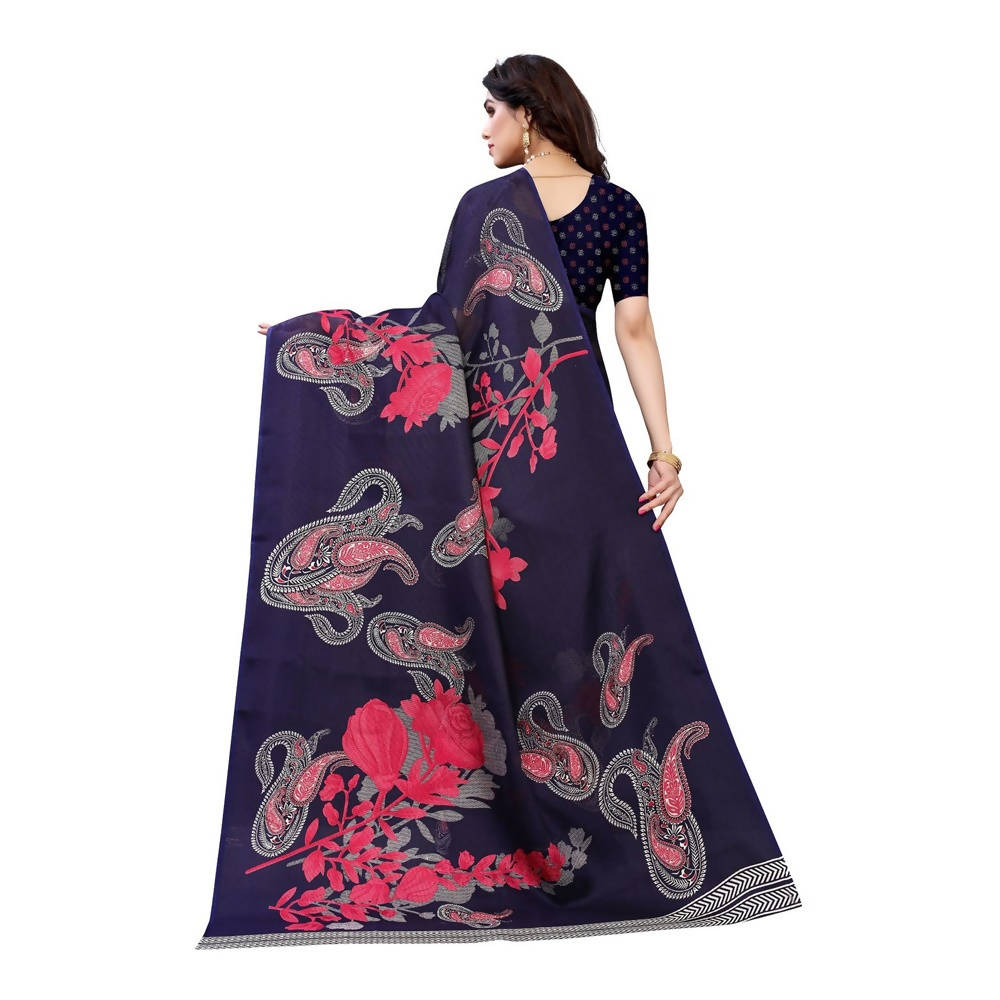 Vamika Printed Jute Silk Blue Saree blouse