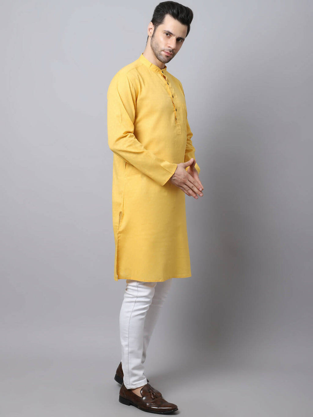 Even Apparels Yellow Pure Cotton Men's Kurta With Band Collar - Distacart