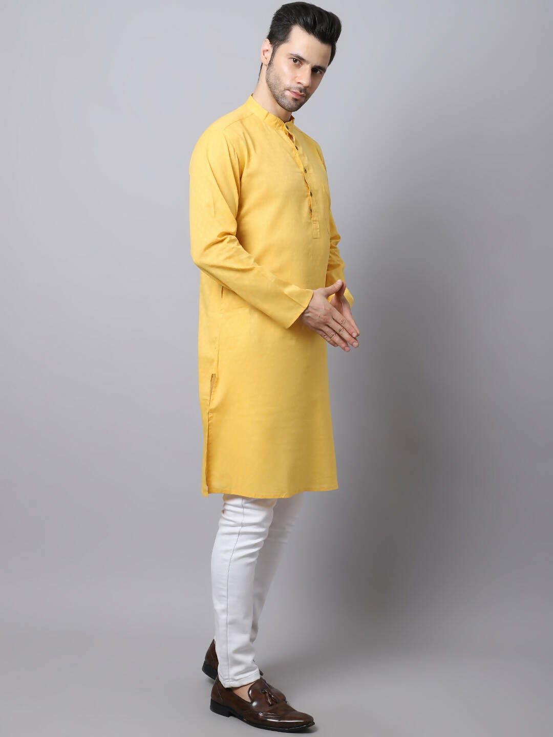 Even Apparels Yellow Pure Cotton Men's Kurta With Band Collar - Distacart