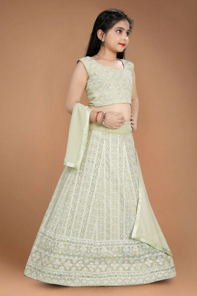 Wedding Designer Light Pista Heavy Fox Georgette Kidswear Lehenga - Aaradhna