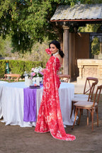 Vastranavya Red Weightless Marble Printed & Pearl Lace Border Saree with Unstitched Blouse