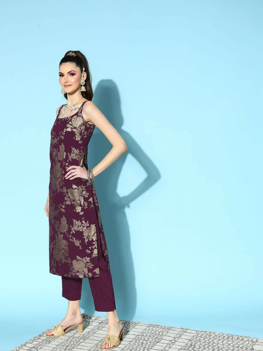 Ahalyaa Women's Wine Crepe Gold Smoke Printed Kurta Pant Set With Dupatta - Distacart