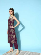 Ahalyaa Women's Wine Crepe Gold Smoke Printed Kurta Pant Set With Dupatta - Distacart