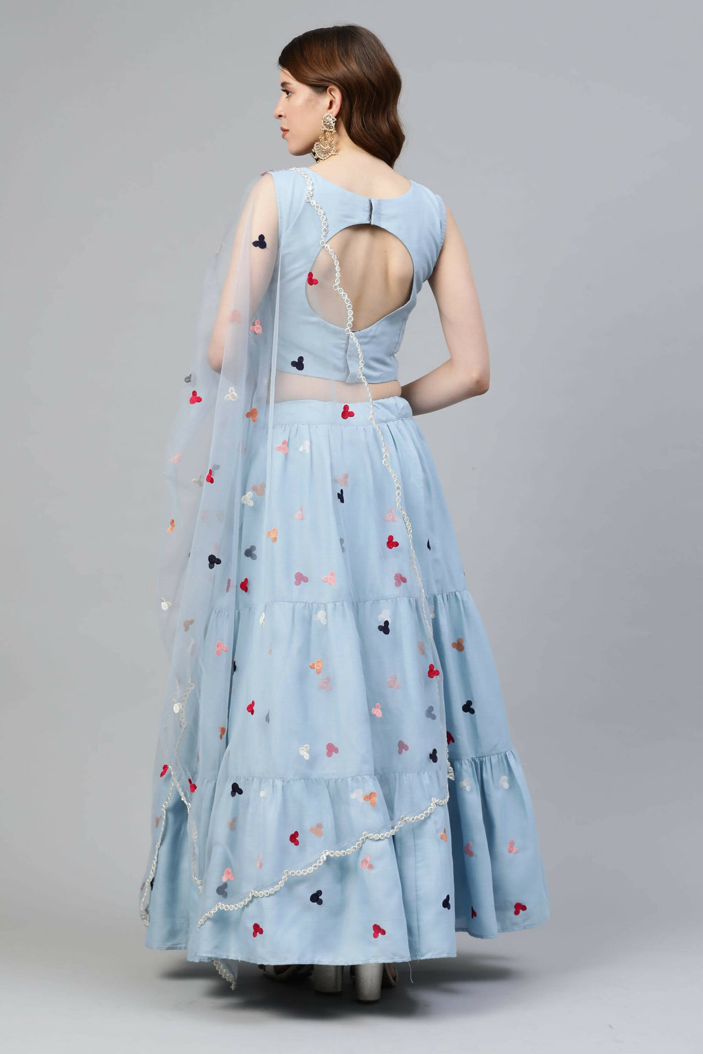 Sky Blue Cotton Embroidered Work Lehenga Choli with Dupatta - Jivika