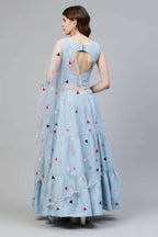 Sky Blue Cotton Embroidered Work Lehenga Choli with Dupatta - Jivika