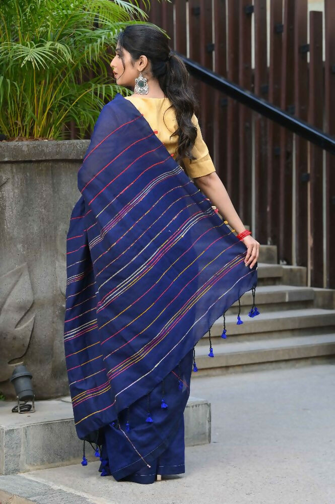 Beatitude Blue Khadi Ghicha Stripes Saree