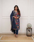 The52 Blue Women's Gorgeous Printed Pure Russian Silk Fabric Straight Kurta Pant with Dupatta Set - Distacart