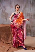 Vastranavya Maroon Satin Silk Printed Saree with a Natural Silk Unstitched Blouse - Distacart