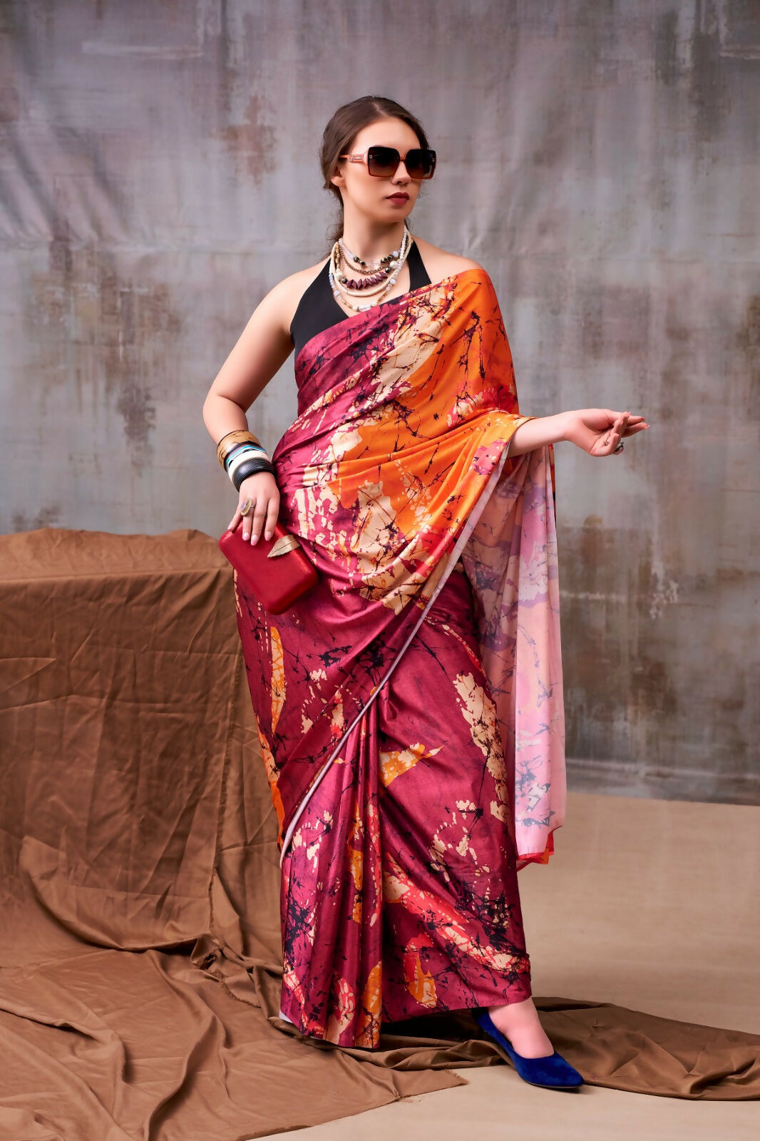 Vastranavya Maroon Satin Silk Printed Saree with a Natural Silk Unstitched Blouse - Distacart
