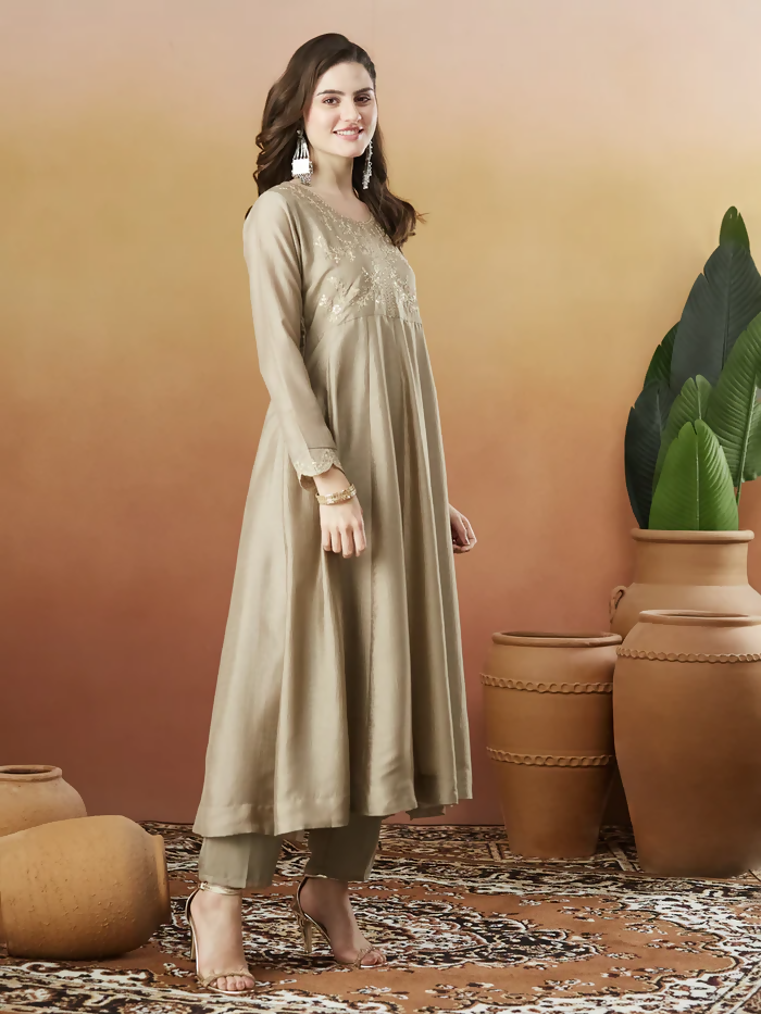 The52 Chiku Women's Beautiful Vichitra Silk Fabric Embroidered Work Flared Anarkali Pant and Dupatta Set - Distacart