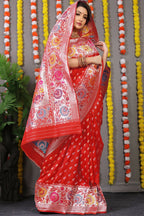 Jyoti Fashion Women's Red Banarasi Silk Zari Woven Saree with Blouse