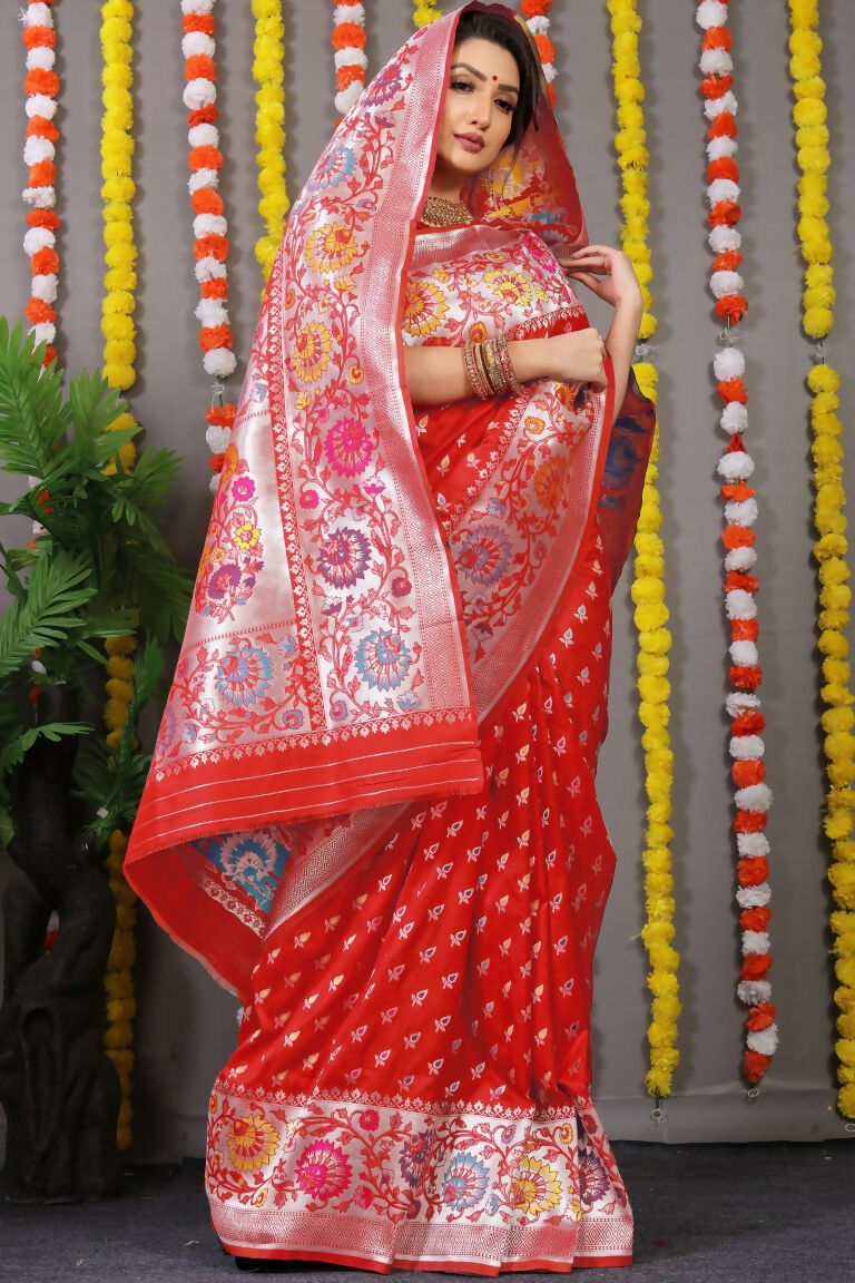 Jyoti Fashion Women's Red Banarasi Silk Zari Woven Saree with Blouse