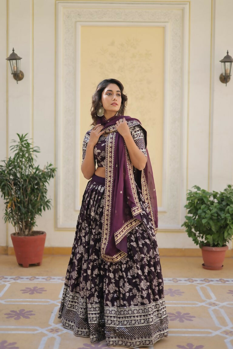 Vastranavya Designer Dyeable Pure Viscose Jacquard Fabric Lehenga Choli & Dupatta Set - Wine