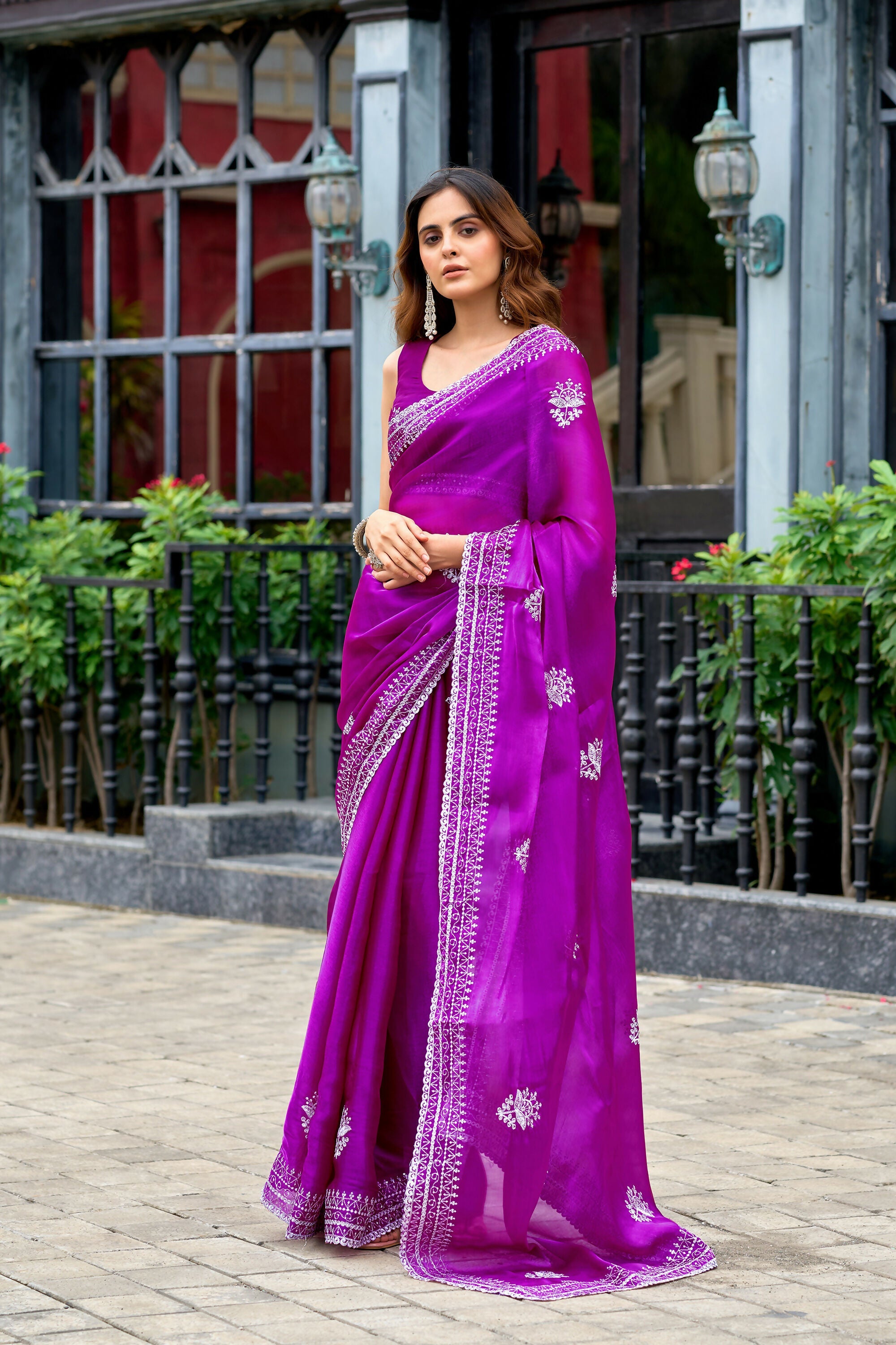 Vastranavya Purple Embroidery Work Shimmer Chiffon Saree with Unstitched Blouse - Distacart