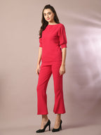 Myshka Women's Pink Solid Boat Neck Party Top With Trousers Co-ord set
