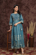 Juniper Women Teal Shantoon Printed Anarkali Dress - Distacart