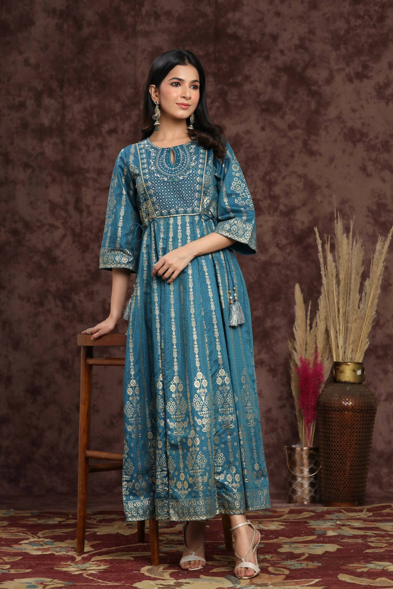 Juniper Women Teal Shantoon Printed Anarkali Dress - Distacart