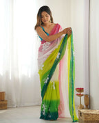 Green Georgette Pedding Color, Embroidery Work Party Wear Saree - Erisha