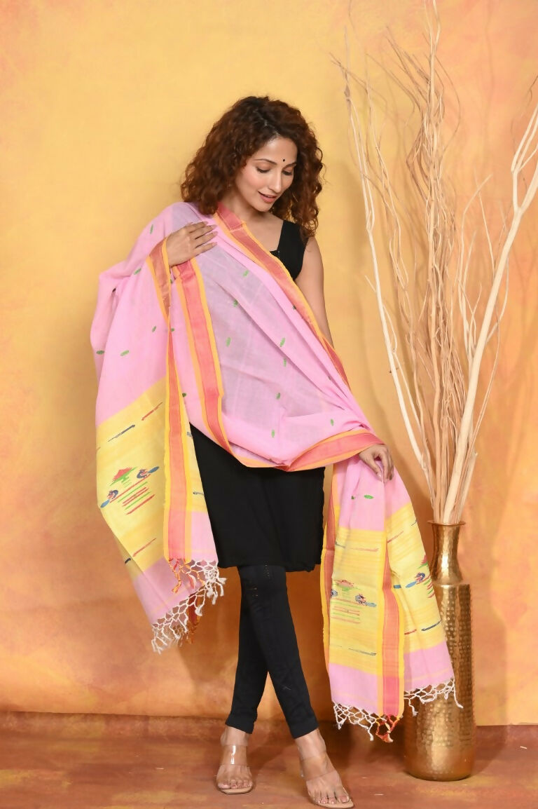Very Much Indian Handloom Pure Cotton Paithani Dupatta Pink