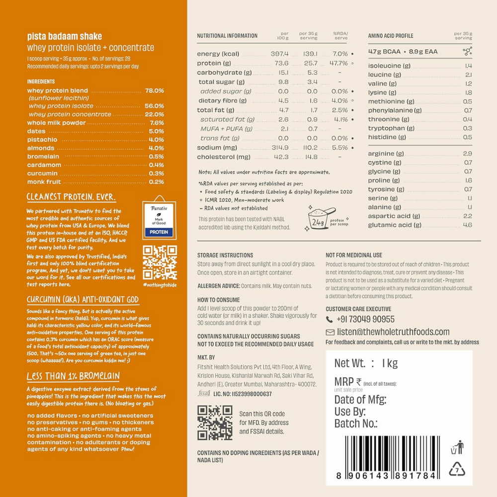 The Whole Truth Whey Protein Isolate+Concentrate - Pista Badaam Shake - Distacart
