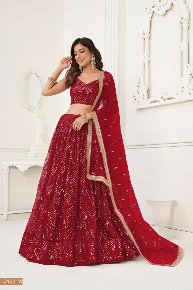 Aastha Fashion Maroon Butterfly Net Tone To Tone Thread Work, Sequence Work And Original Mirror Work Embroidery Wedding Wear Lehenga Choli