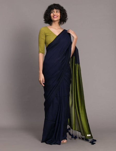 Suta Blue Green Colourblocked Cotton Blend Saree