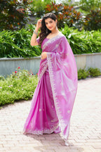 Vastranavya Light Pink Embroidery Work Shimmer Chiffon Saree with Unstitched Blouse - Distacart