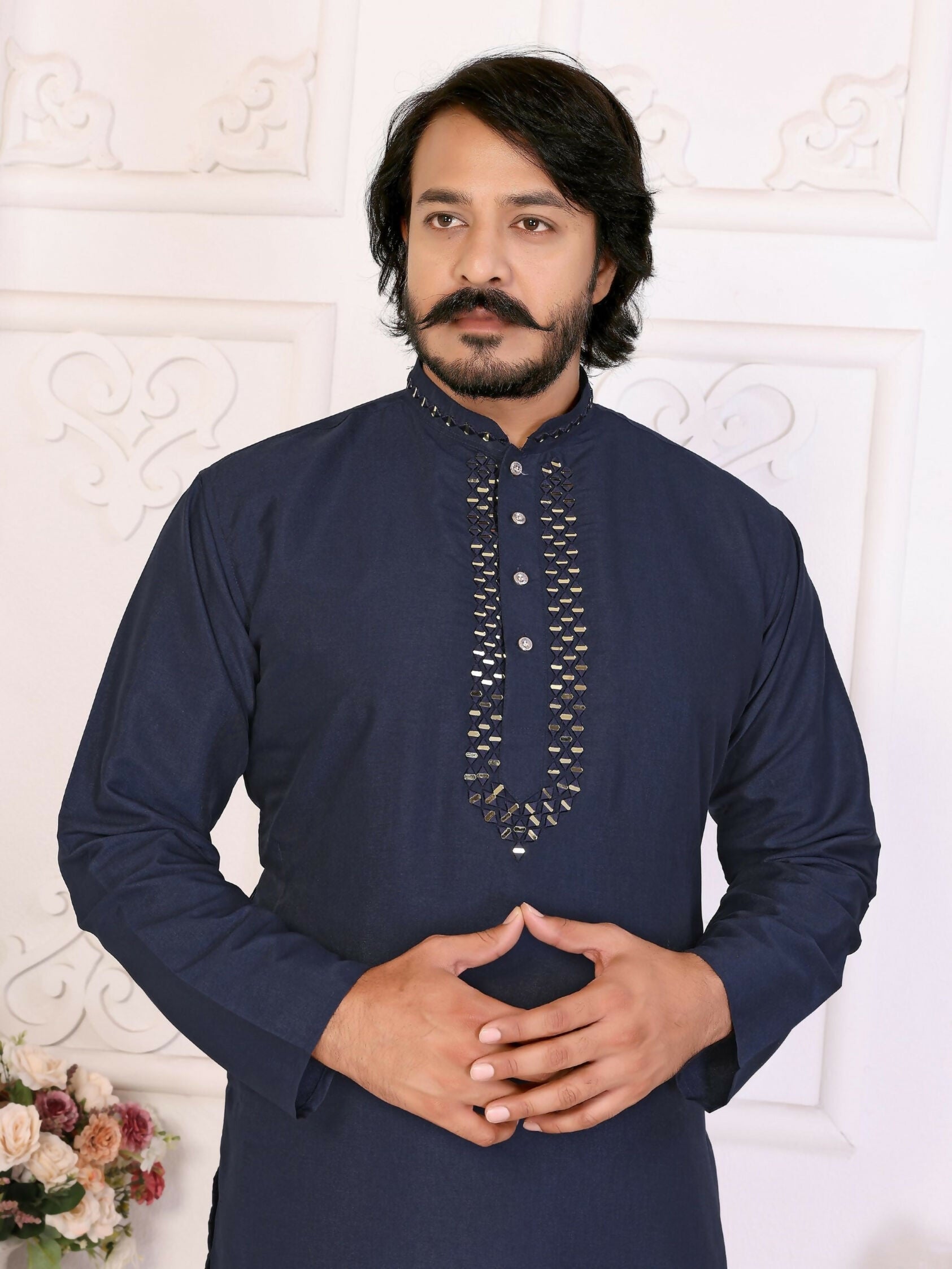 Anaita Navy Silk Straight Kurta With Neck Mirror Work