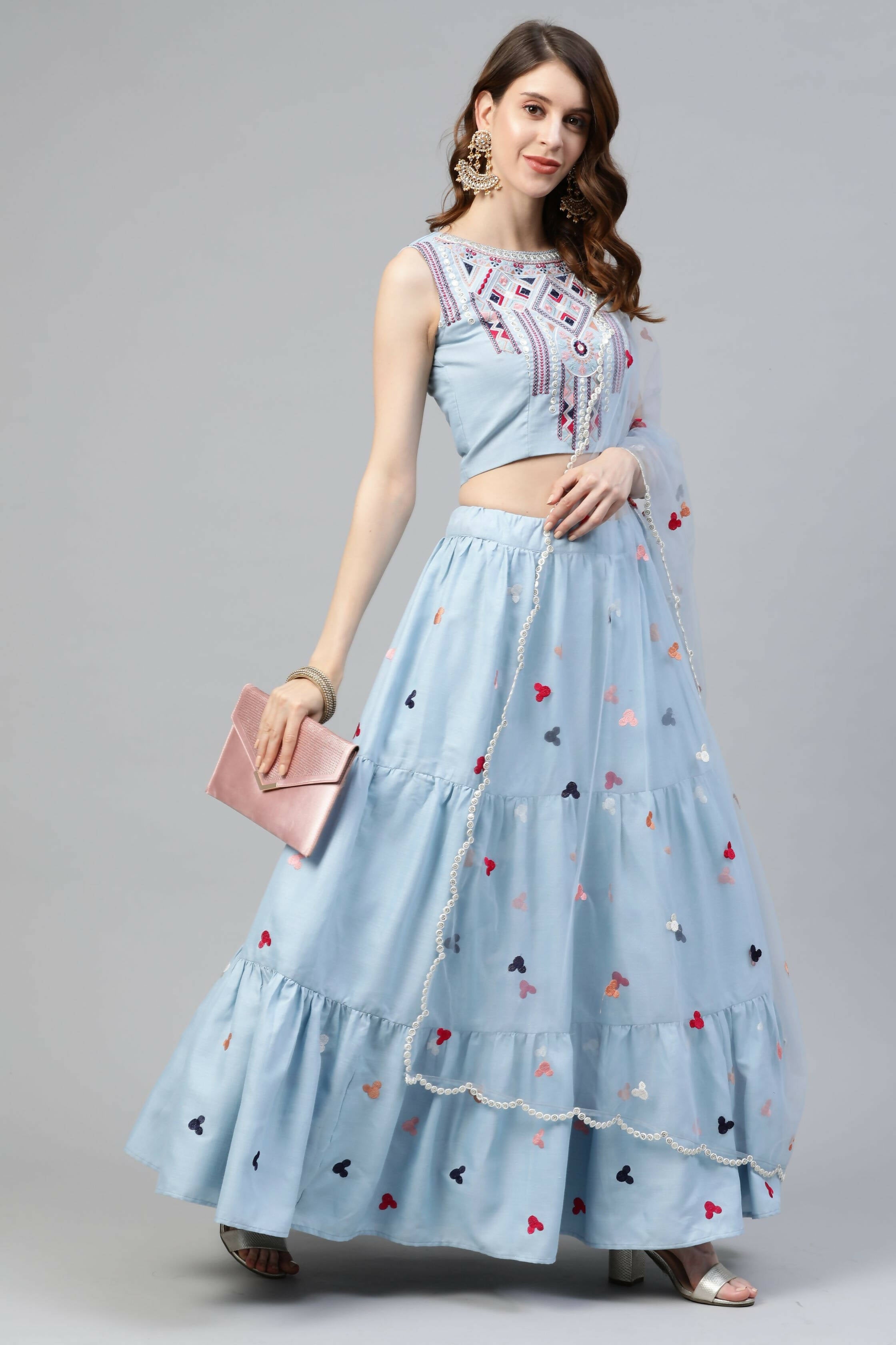 Sky Blue Cotton Embroidered Work Lehenga Choli with Dupatta - Jivika