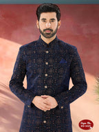 Joban Fashion Men's Blue Base Straight Velvet Thread And Sequence Embroidary All Over Indo-Western Kurta Set