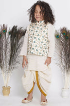 Little Bansi Banarsi Silk Blue Floral Embroidery Jacket With Cotton Kantha kurta And Kantha Dhoti - Cream