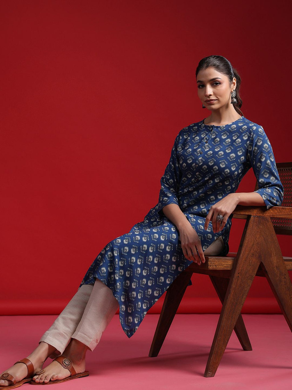 Indo Era Women Geometric Printed Thread Work Kurta - Distacart