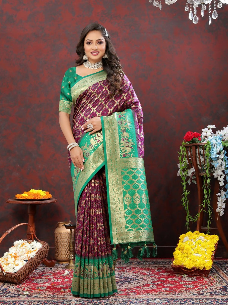 Vastranavya Purple Soft Patola Silk With Meenakari Weaving Motifs And Rich Zari Weaving Pallu Saree With Matching Blouse Fabric