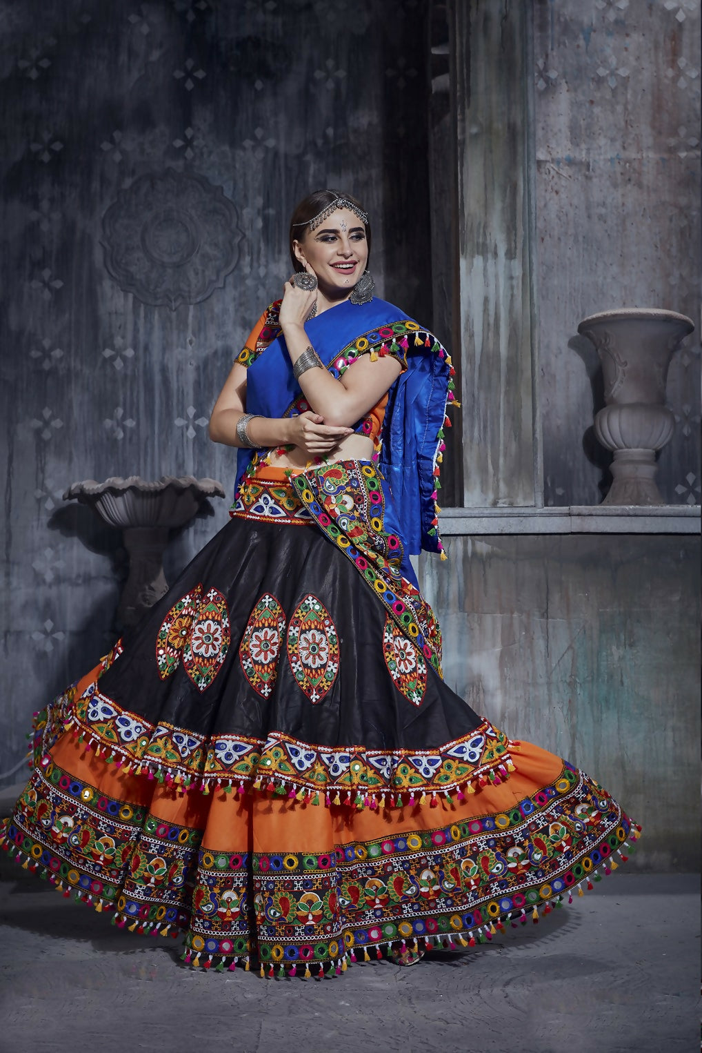 AI Fashion Black-Orange Art Silk Designer Navratri Lehenga Choli Collection